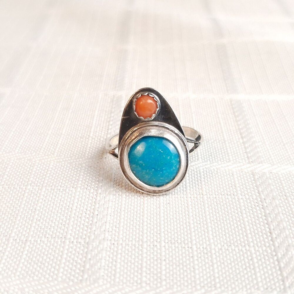 Vintage Sterling Silver Turquoise and Coral Ring Size 5.75